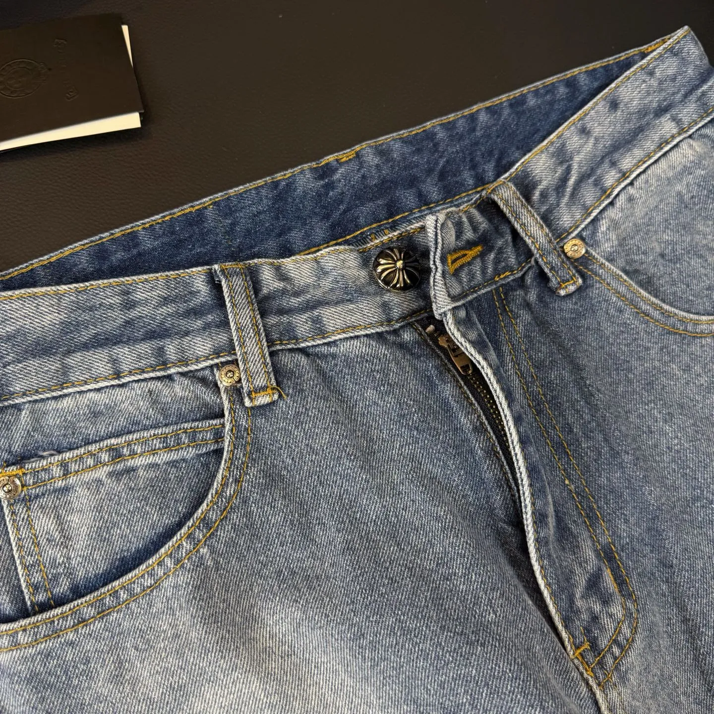 P280 Style number: D316 Chrome Hearts washed blue leather jeans Size# 28 30 32 34